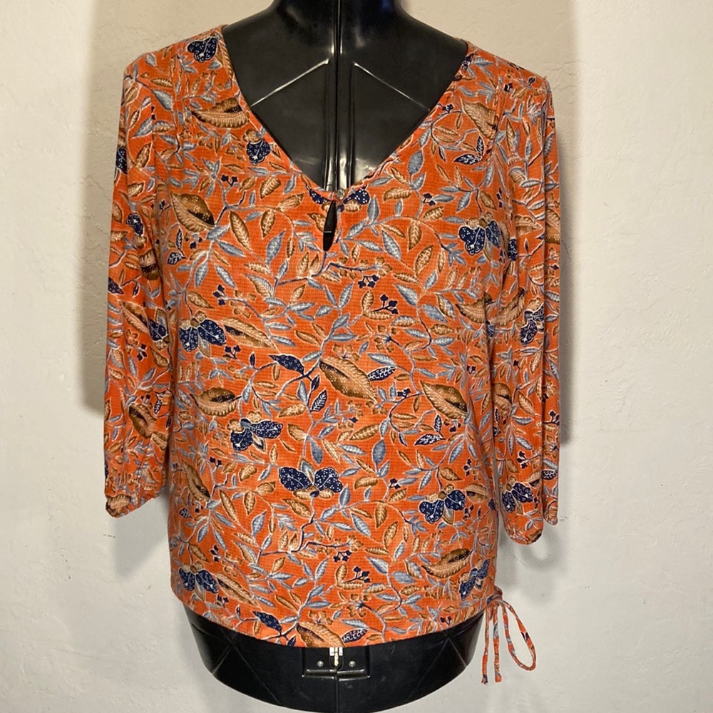 Lucky Brand Small Women’s 3/4 Length Sleeve Orange Floral Bottom Tie Shirt